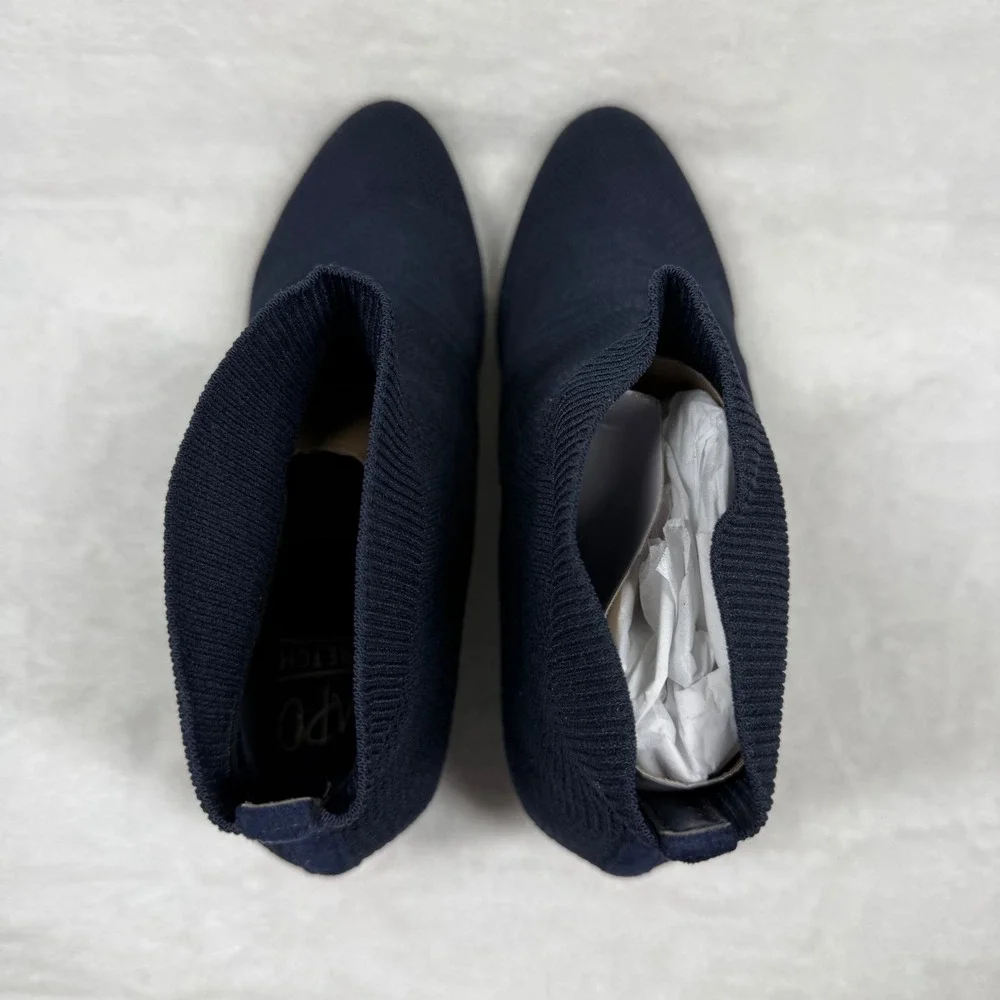 Impo Navy Blue Stretch Knit Sock Bootie Kitten Heel Pointed Toe Memory‎ Foam 7.5